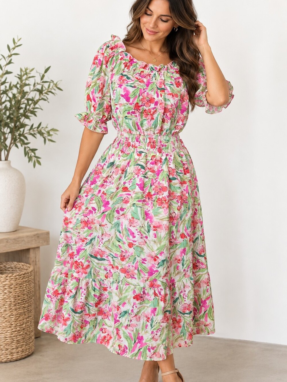 Chenault Pink And Dreen Floral Lined Dress Size Small Wedding Guest